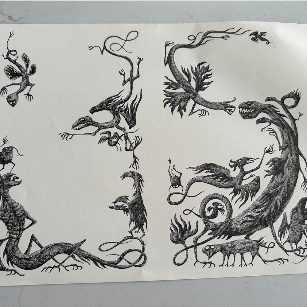 Edward Gorey Two Fantastic Drawings Dark Beasts Art Print 16x11" ~ 260217-WH 776